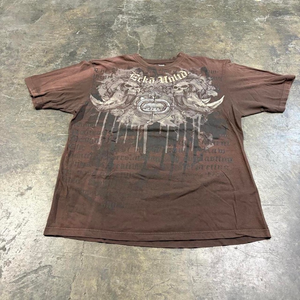 Ecko Unltd Mens Brown Skater Tee Vintage Y2K Skull Rhino Graphic Shirt 3XL
